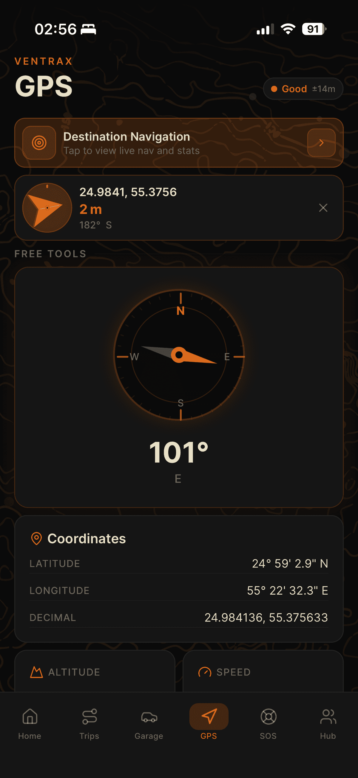 Ventrax Navra UAE desert GPS navigation and coordinates screen